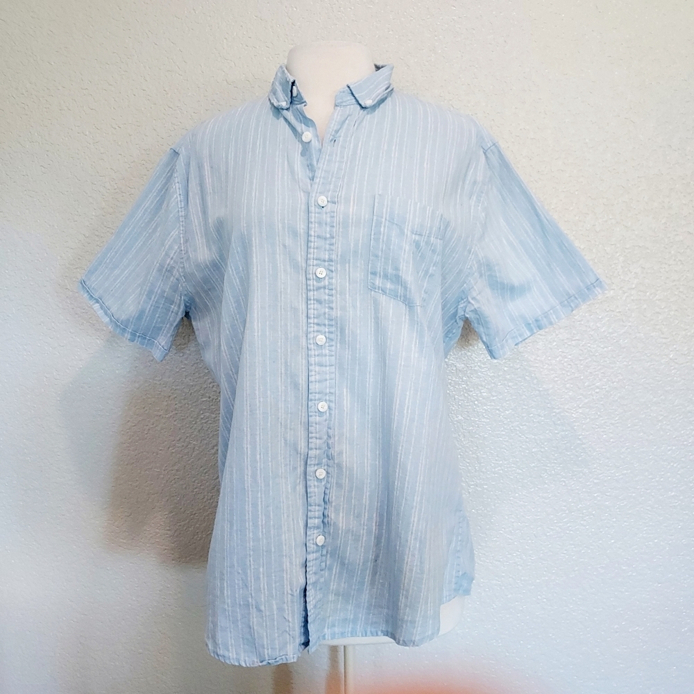 Onia Blue & White Linen Blend Striped Button Short Sleeve L